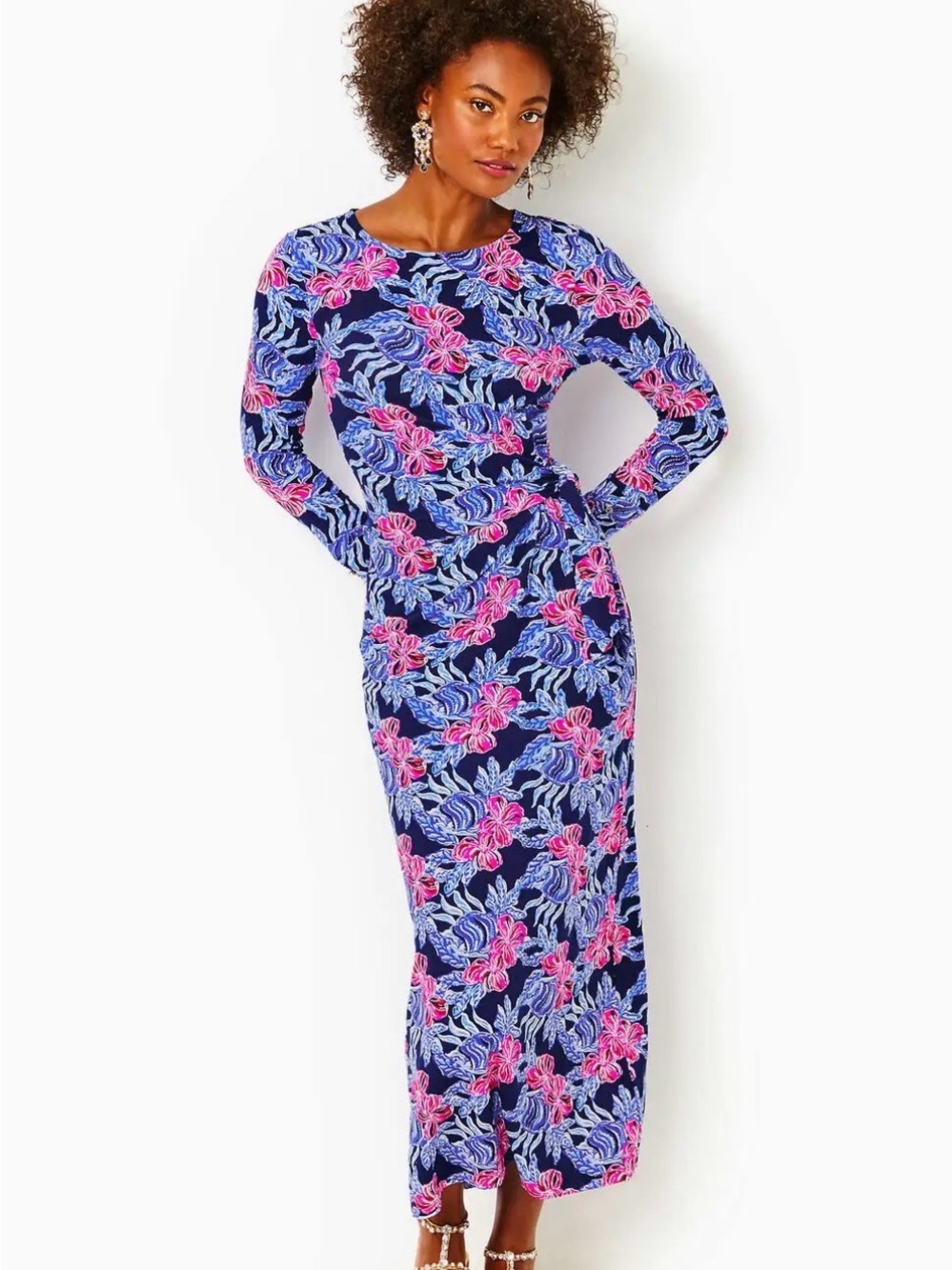 Lilly Pulitzer Bryson Maxi Dress Women’s Medium Low Tide Navy Floral Long Sleeve